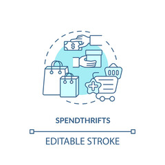 Spendthrifts concept icon. Buyers type idea thin line illustration. Impulse purchases Profligate, prodigal. Lacking self-control in shopping. Vector isolated outline RGB color drawing. Editable stroke