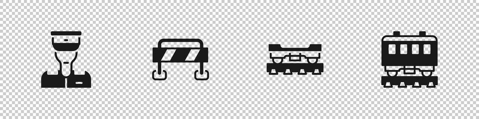 Set Train conductor, Road barrier, Cargo train wagon and Passenger cars icon. Vector