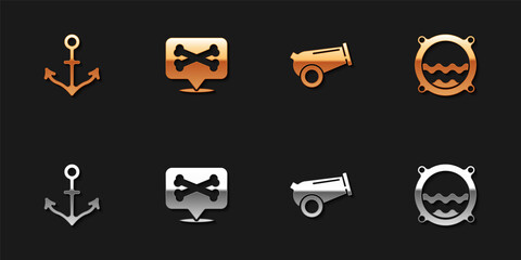 Set Anchor, Location pirate, Cannon and Ship porthole with seascape icon. Vector