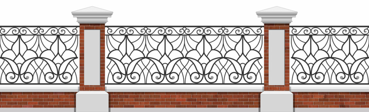 Classic Iron Fence With Red Brick Pillars. Ancient Wrought Iron Railing. Urban Design. Decor. Vintage. Luxury Modern Architecture. Ornamental fence. Palace. City. Street. Park. Blacksmithing. Isolated