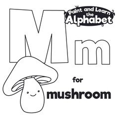 Didactic Alphabet to Color it, with Letter M and Mushroom, Vector Illustration