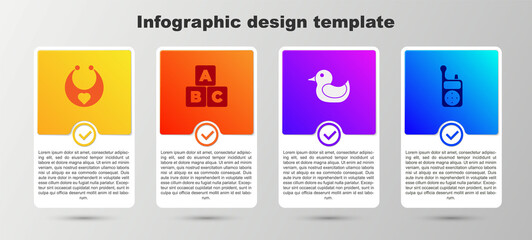 Set Baby bib, ABC blocks, Rubber duck and Monitor Walkie Talkie. Business infographic template. Vector