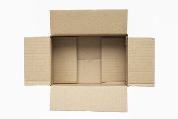 Top view of small brown paper box opened, inside is empty, isolate object on white background, copy space for text and graphic.