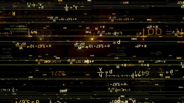 Physical science background with golden formulas mirrored on black background, seamless loop. Animation. Concept of science and education via the internet.