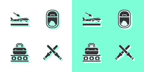 Set Marshalling wands, Plane landing, Conveyor belt with suitcase and Airplane window icon. Vector