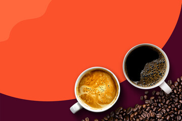 hot coffee and beans on purple and orange background. mockup and templates to create greeting, cards, magazines, cover, poster and banners etc. space for text. top view. flat lay