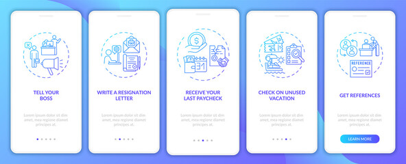 Resignation checklist onboarding mobile app page screen with concepts. Job leaving tips walkthrough 5 steps graphic instructions. UI, UX, GUI vector template with linear blue gradient illustrations