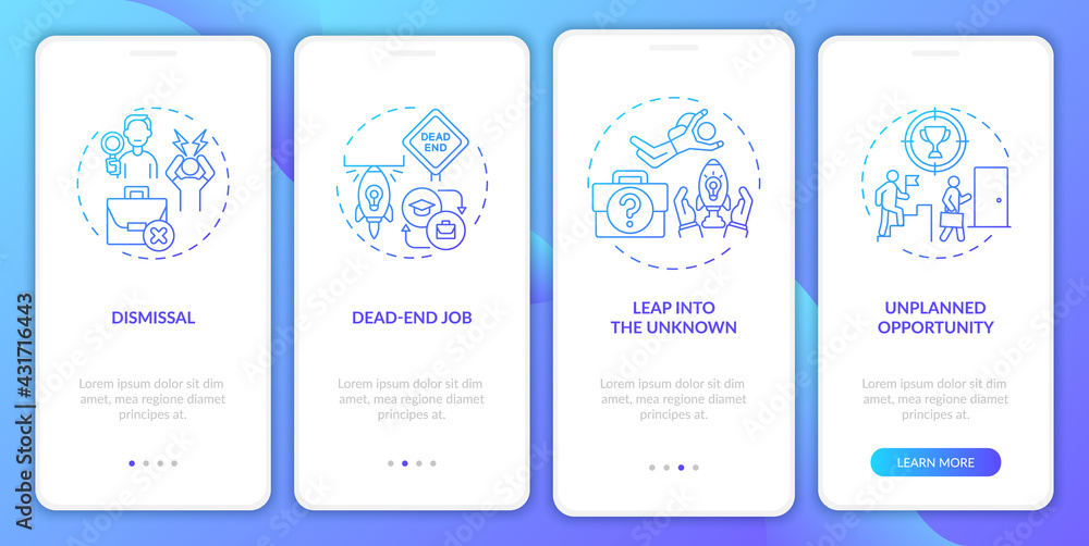 Aufkleber job transition reasons onboarding mobile app page screen with concepts. resignation causes walkthrou