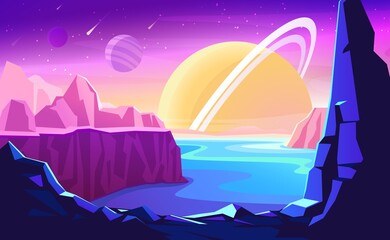 Alien planet landscape. Space colonization panorama. Vector fantasy illustration of cosmos and planet with cracked stone surface, mountains and ocean. © Nadezhda