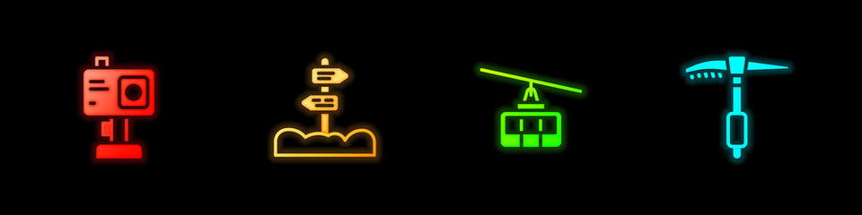 Set Action camera, Road traffic signpost, Cable car and Ice axe icon. Vector