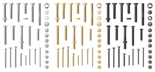 Big set of stainless steel, silver and golden bolts, nails, gears and screws. Top and side view