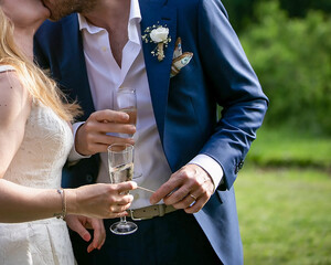 The groom in a navy blue suit wearing an elegant pocket handkerchief and a white collar flower, and...