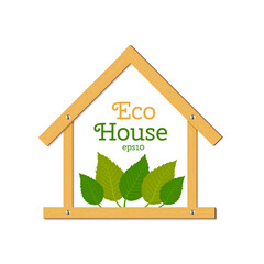 Eco house with wooden house and green leaves. Vector
