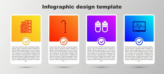 Set Pills in blister pack, Walking stick cane, Slippers and Monitor with cardiogram. Business infographic template. Vector