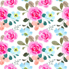 Pink blue flower watercolor seamless pattern