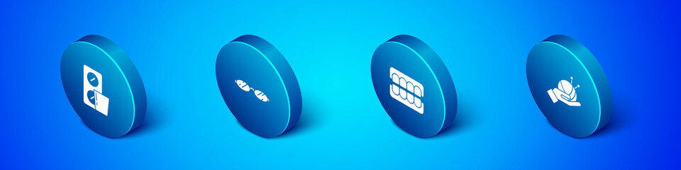 Set Isometric Pills in blister pack, False jaw, Yarn ball with knitting needles and Eyeglasses icon. Vector