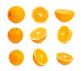 Collection of fresh orange fruit isolated on white background.