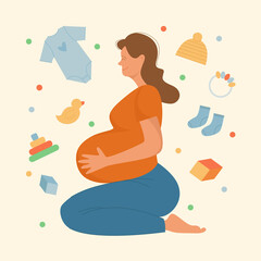 An image of a pregnant woman holding her hands on her stomach and thinking about the future baby, thinking about toys and clothes for the newborn. Isolated objects. Flat illustration. 