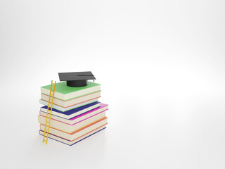 Stack of books with graduation cap. 3d illustration render on white background