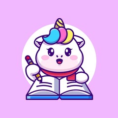 Cute unicorn writing on book with pencil cartoon