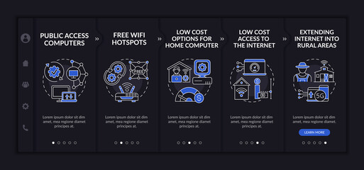 Digital inclusion measures onboarding vector template. Responsive mobile website with icons. Web page walkthrough 5 step screens. Technology access dark theme concept with linear illustrations