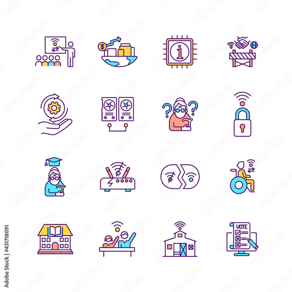Poster digital inclusion rgb color icons set. digitalization and innovation benefit. information and commun