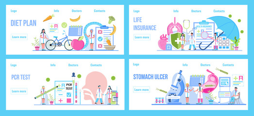 Diet plan, life insurance, pcr test, stomach ucler concept vector set for medical website, landing pages. Life, healthcare insurance vector concept, doctor fill health online form