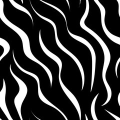 Flat background, wallpaper, fabric, textile, zebra print, striped pattern - black with white spots, lines. Seamless abstract animal zebra pattern. Vector texture, black background with white waves.