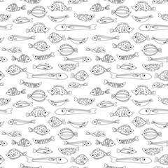 Seamless pattern of tropic cute doodle exotic fish outline. Vector stock illustration clipart isolated on white background.