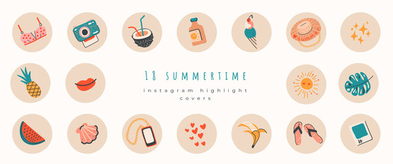 Summer instagram highlight covers on beige. Summertime colorful icons set for blogger and influencer social media, stories, blog.Tropical vacation. Collection of scrapbooking elements for beach party