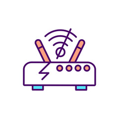 Wi fi router with lost signal RGB color icon. Error in home internet connection. Digital exclusion. Damaged modem, broken hub. Technology for communication. Isolated vector illustration