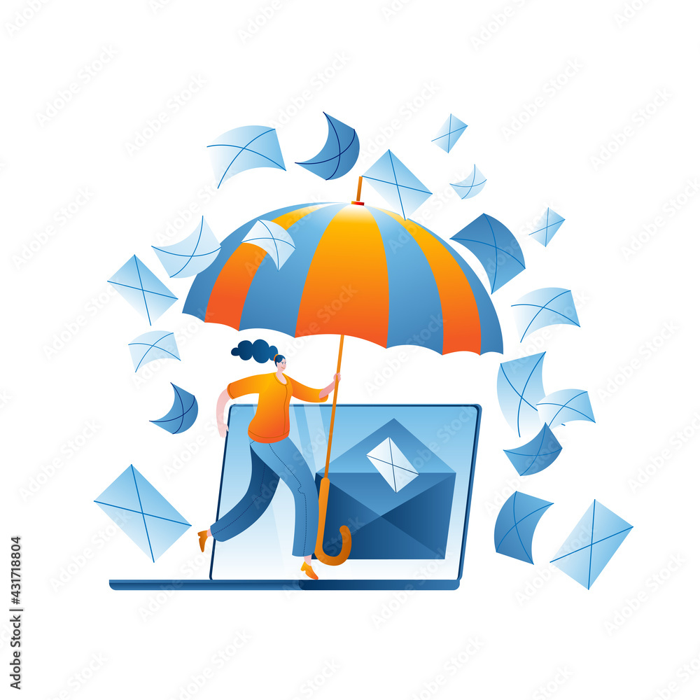 Aufkleber the girl with the umbrella protects the mail server on the computer from spam. vector illustration o