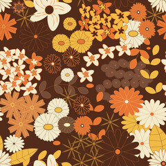 Yellow, orange and brown vintage flowers seamless background