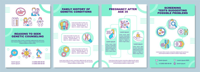 Fototapeta na wymiar Reasons to seek genetic counseling brochure template. Medical test. Flyer, booklet, leaflet print, cover design with linear icons. Vector layouts for presentation, annual reports, advertisement pages