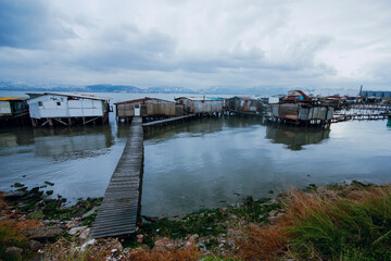 wooden fishing huts on the sea. Front view