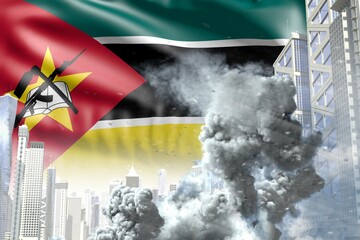 huge smoke pillar in the modern city - concept of industrial explosion or terroristic act on Mozambique flag background, industrial 3D illustration