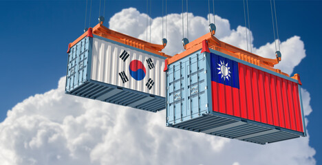 Freight containers with South Korea and Taiwan national flags. 3D Rendering 