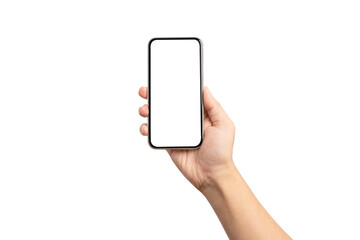 Isolation of Hand holding blank screen frame of smartphone or mobile phone for mockup advertisement and social media , business technology concept and add clipping path.