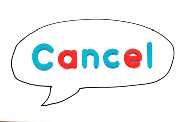 Alphabet letter with word cancel in black line hand drawing as bubble speech on white board...