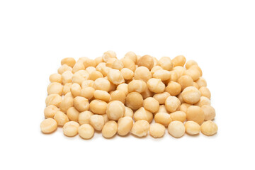 Macadamia nuts isolated on white background.