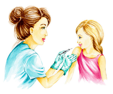 Vaccination concept. Female doctor vaccinating cute girl. Hand painted watercolor illustration.