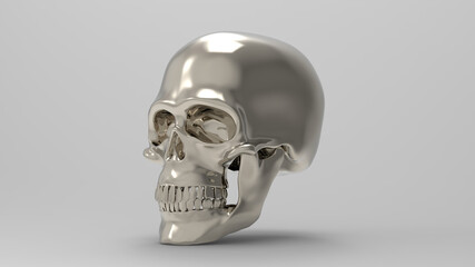 3d render skull gray shiny on gray background