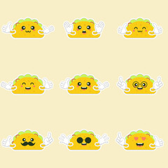 cute and kawaii delicious tacos with beef or chicken, meat sauce, green salad and red tomato. Taco for restaurant or cafe event design. mexican food