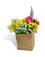 Fabric flower in sack bag isolated on white background. This has clipping path.  