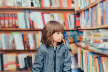 Happy Playful Toddler Girl Standing in a Library