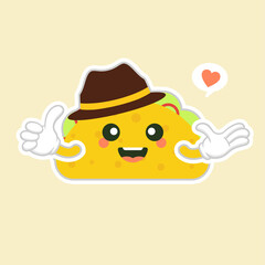 taco with hat character. cute and kawaii delicious tacos with beef or chicken, meat sauce, green salad and red tomato. Taco for restaurant or cafe event design. mexican food