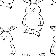 Seamless pattern for Easter holiday with contour bunnies. Hares line art graphic illustration. Monochrome image of cute rabbits on a white background, simple drawing of a rabbit for kids theme.