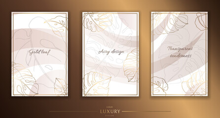 Gold frame. Set of gilded monstera leaves and twigs. Modern minimalist design. Vector illustration.