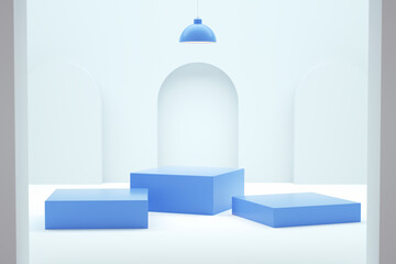 Three blue square podiums on a neutral background for a product display in 3D rendering. Realistic pedestal, empty platform for ads and presentations