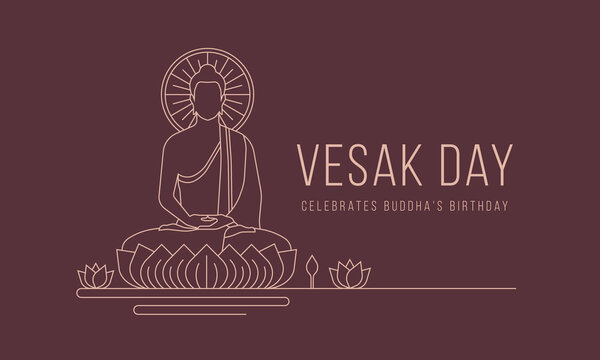 Vesak day banner with abstract modern line drawing The Lord Buddha meditated on lotus vector design